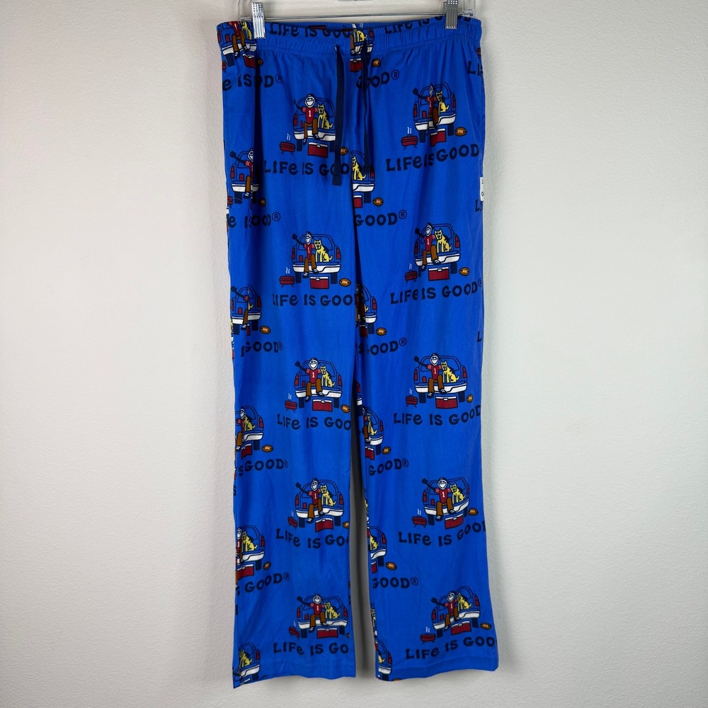 Life Is Good Pajama Pants Mens Large Blue Tailgate Football Dog All Over Print